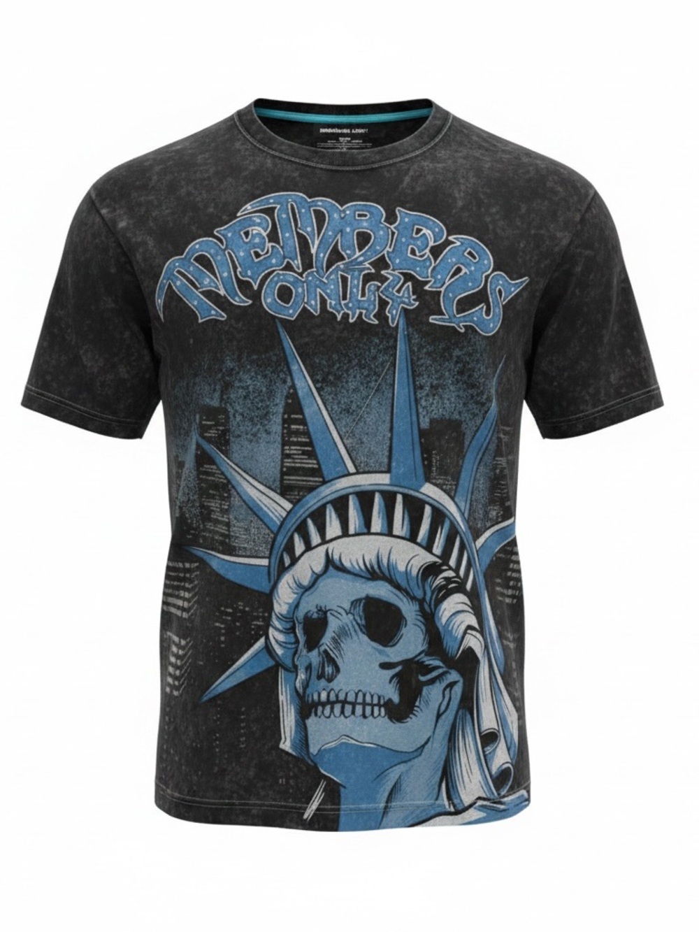 Members Only Men's "Dead Liberty" Skull Graphic T-Shirt Acid Wash Black/Grey XL
